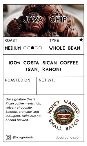 A flat product information card for Java Chip whole bean coffee from Tic Grounds. The top features a close-up photo of chocolate-covered coffee beans, with text below specifying '100% Costa Rican Coffee (San, Ramon)', 'Roast: Medium', 'Type: Whole Bean', and 'Roasted on: Net Wt.