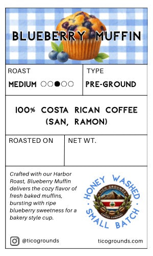 A flat product information card for a blueberry muffin coffee blend by ticogrounds. The card features a blueberry muffin illustration at the top, a blue-and-white checkered background, and text fields specifying roast as medium, type as pre-ground, and the coffee origin as 100% Costa Rican Coffee (San, Ramon).