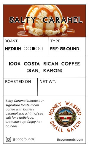 A flat product information card for Tico Grounds 'Salty Caramel' coffee. The card features a graphic of a vanilla ice cream scoop topped with caramel sauce at the top, with text detailing roast (Medium), type (Pre-Ground), origin (100% Costa Rican Coffee, San Ramon), roasting location, net weight, and a honey washed small batch seal.