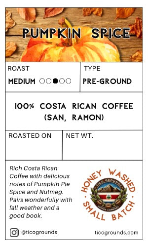 A coffee label card for 'Pumpkin Spice' roast coffee from ticogrounds, featuring a pumpkin illustration at the top and product details including '100% Costa Rican Coffee (San, Ram)' and 'Roast Medium'.